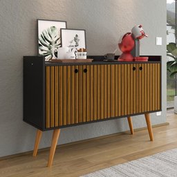 Aparador Buffet Dallas 4 Portas Decoração Cantinho Café Pés Palito Retrô Preto/ripado Nature - - 3