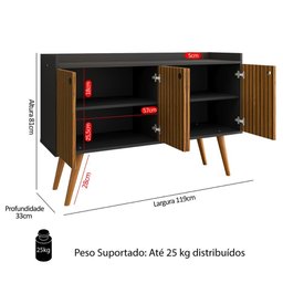 Aparador Buffet Dallas 4 Portas Decoração Cantinho Café Pés Palito Retrô Preto/ripado Nature - - 6