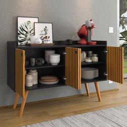 Aparador Buffet Dallas 4 Portas Decoração Cantinho Café Pés Palito Retrô Preto/ripado Nature - - 2