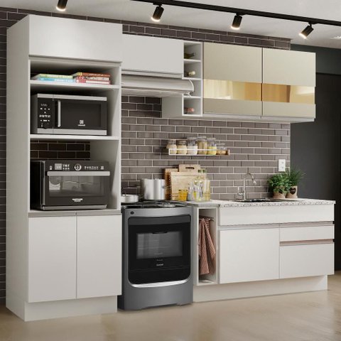 Cozinha Completa Madesa Jade com Armário e Balcão (sem Tampo e Pia) - Branco/Branco/Crema
