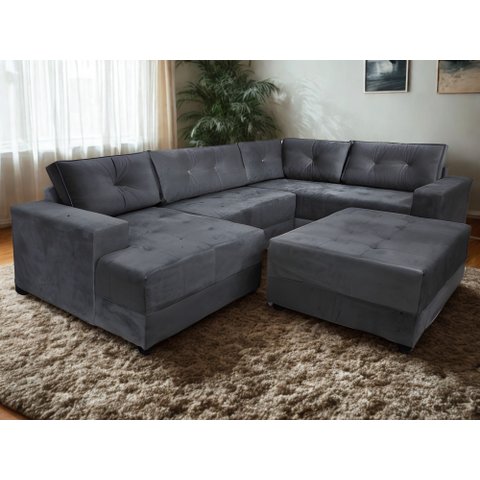 Sofa de Canto Toro e Puff Bom Descanso Veludinho Cinza