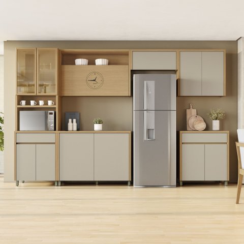 Cozinha Completa Modulada 6 Peças 12 Portas 2 Gavetas Condessa 350cm 100% MDF Cinza/Carvalho/Greige