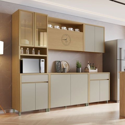 Cozinha Completa Modulada 5 Peças 11 Portas 2 Gavetas Condessa 270cm 100% MDF Cinza/Carvalho/Greige