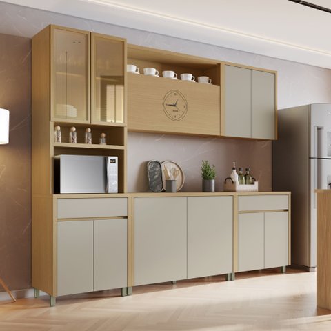 Cozinha Completa Modulada 5 Peças 11 Portas 2 Gavetas Condessa 270cm 100% MDF Cinza/Carvalho/Greige