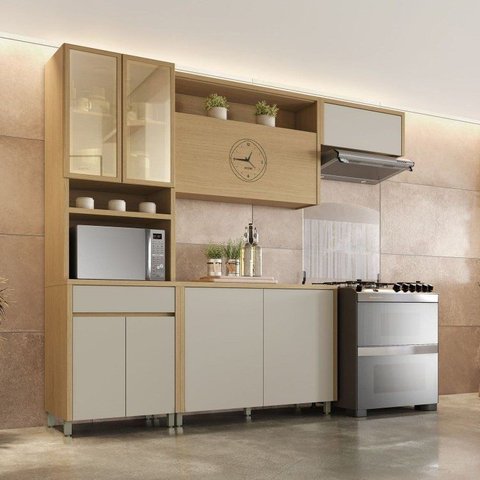 Cozinha Completa Modulada 4 Peças 8 Portas 1 Gavetas Condessa 270cm 100% MDF Cinza/Carvalho/Greige