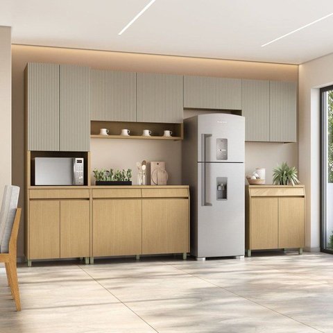 Cozinha Completa Modulada 6 Peças 13 Portas 7 Gavetas Simone Mendes 350cm 100% MDF Cinza Carvalho
