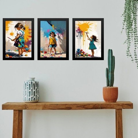 Kit 3 Quadros Decorativos Artes Crianças Pintando 24x18cm:moldura Branca