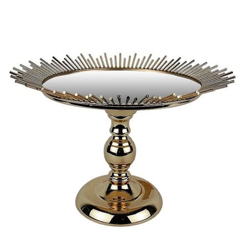 Centro de Mesa Bandeja Doceira Doce Redonda em Metal Dourado com Base Espelhada 24x33cm
