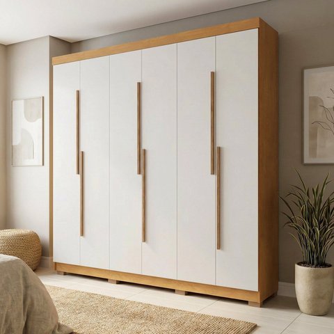 Guarda-Roupa Casal 6 Portas 2 Gavetas 100% MDF Valência Off White/Cerejeira/Nevaska