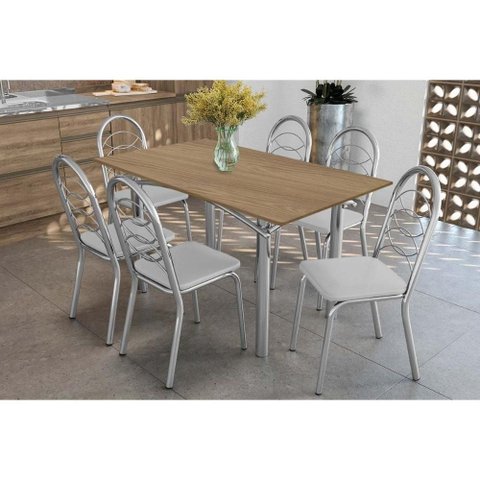 Conjunto: Mesa Sala Jantar Elba C/ Tampo de Madeira 160cm e 6 Cadeiras Holanda Cromada/nogueira -