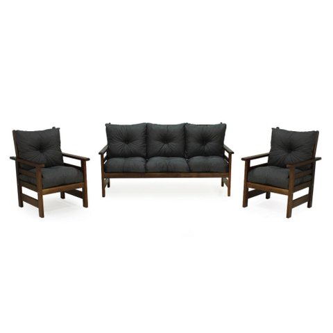 Conjunto Sofá Havaí 3 Lugares + 2 Poltronas de Madeira com Almofadas Confortáveis - Cinza