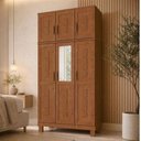 Ver imagem 1 de Guarda Roupa Solteiro com Espelho 6 Portas Aplique Madeira Maciça Lorie F06 Castanho - Lyam Decor