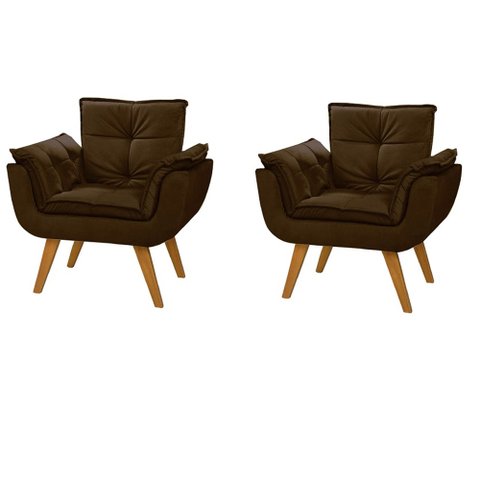 Kit 2 Poltrona Decorativa Canoa Retrô Suede Marrom para Sala de Estar Luxo Escritório Quarto