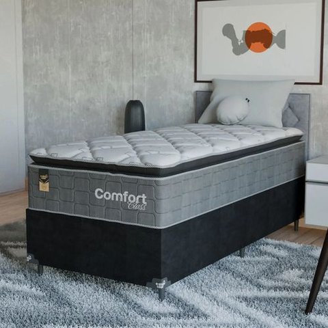 Cama Box Solteiro + Colchão Comfort Class Pillow Top 88x188 Cinza/suede Preto