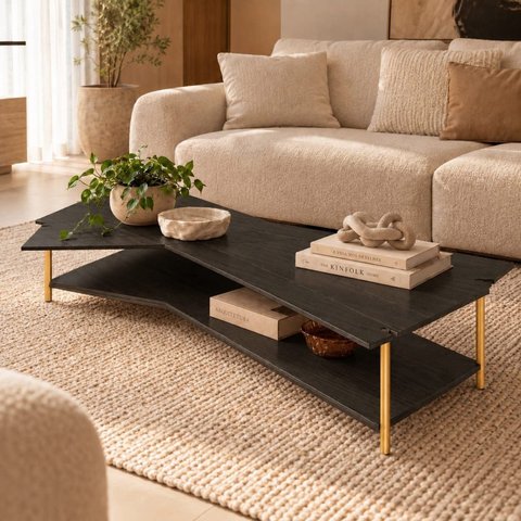 Mesa de Centro Caribe 170cm em Madeira Laminada Ébano com Metal Gold