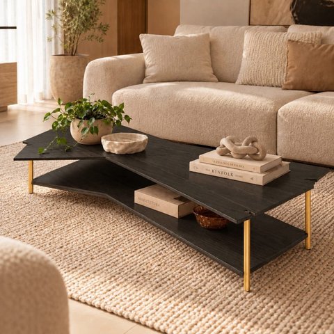 Mesa de Centro Caribe 170cm em Madeira Laminada Ébano com Metal Gold