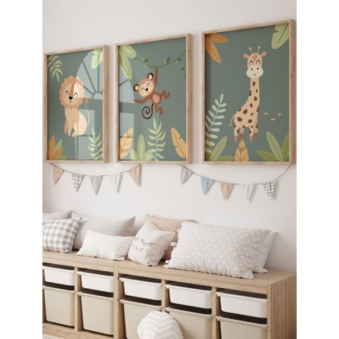 Kit 3 Quadros Decorativos Infantil Safari Leão Macaquinho Girafa No1