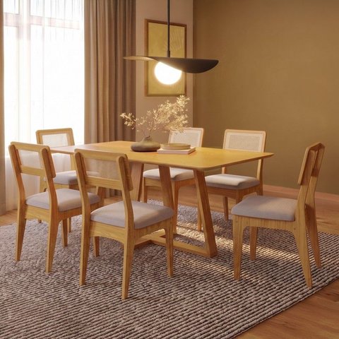 Conjunto Sala de Jantar Mesa 160cm com 6 Cadeiras Palha Sintética 100% MDF Carvalho Rosé/Bege Claro