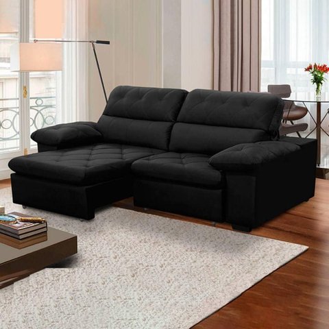 Sofa Retratil Reclinavel 2 Lugares 2,60m Crystal Veludo Preto Lansofbr