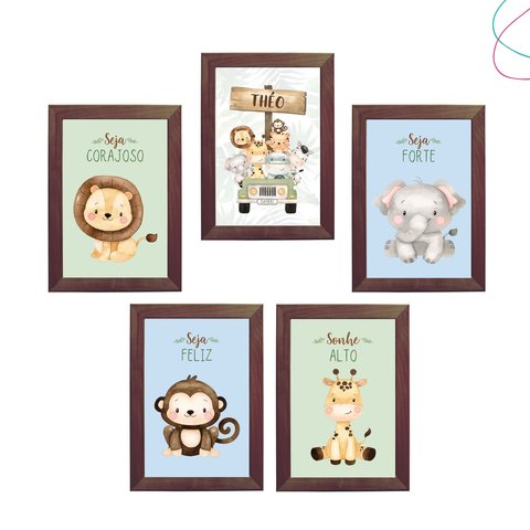 Kit 5 Quadros Decorativos Safari Baby Aquarela Bege:tabaco