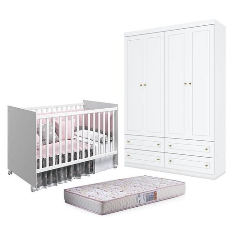 Berço Nacional Mel Branco Acetinado – Reller e Guarda Roupa Infantil Americano 4 Portas Branco HP e 