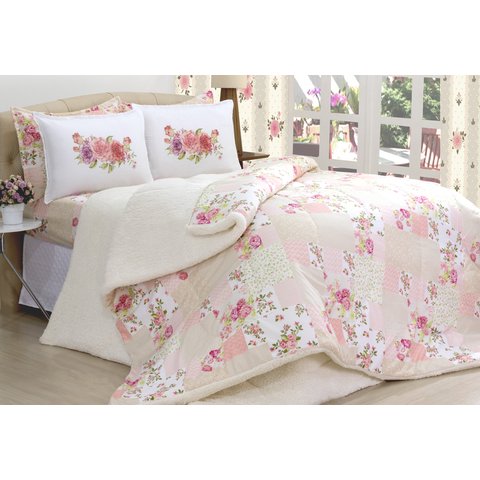 Kit Coberdrom Micropercal e Sherpa Patchwork Queen Size 03 Pçs