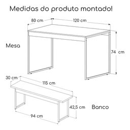 Mesa Cozinha 2 Bancos Industrial Retangular 120x80 Pé Metal:off White/preto - 3