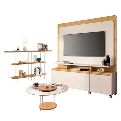 Estante Home Theater Quantum e Aparador Infinity e Mesa de Centro Sky com Tampo de Vidro Off White C