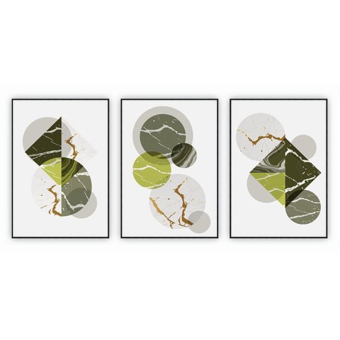 kit com 3 Quadros Decorativos Abstratos com Moldura e Vidro para Sala Quarto Escritório e Clínica 52