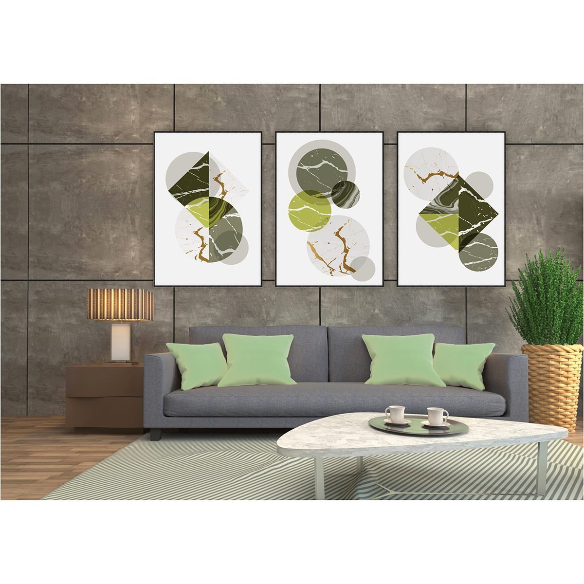 Kit Com 3 Quadros Decorativos Abstratos Com Moldura E Vidro Para Sala Quarto Escritório E 9530