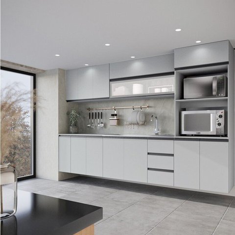 Cozinha Modulada 8 Peças 4 Aéreos 3 Balcões 1 Torre Quente Nara CabeCasa MadeiraOriginals Cinza
