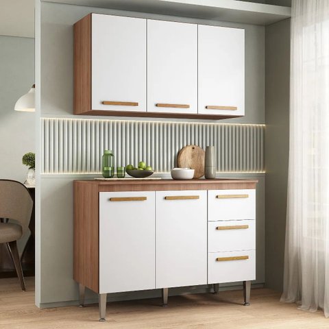 Balcão Cozinha Joia 1.10m Luxo + Aereo Madeirado/Branco
