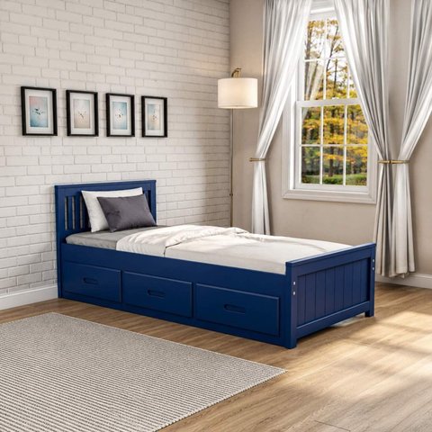 Cama Solteiro 03 Gavetas - Madeira Maciça Azul Escuro