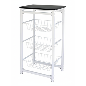 Fruteira de Chão 3 Cestos para Cozinha Tampo Madeira Mdf Modelo Florença Suporte em Aço Branco Preto