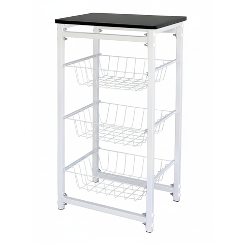 Fruteira de Chão 3 Cestos para Cozinha Tampo Madeira Mdf Modelo Florença Suporte em Aço Branco Preto