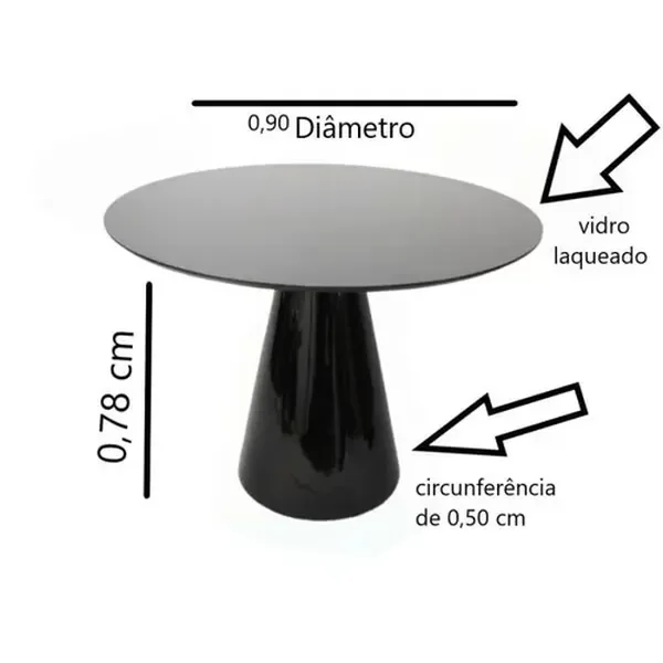 Mesa de Jantar Cone Redonda Preta com Vidro 0,90 - 2