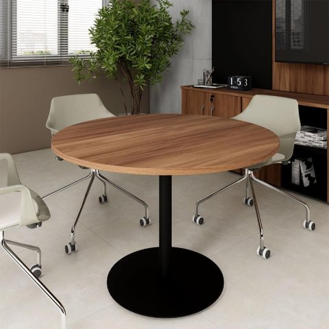 Mesa de Reunião Circular 110cm Pé Disco Metálico F5 Office Cor:nogal com Preto