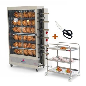 Assador de Frango Gás 6 Espetos Tubular Pr-634 Progás + Tesoura Tramontina + Carrinho Inox Bivolt