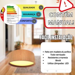 Lustre Plafon Madeira Ripado Redondo 50cm para Sala de Estar Sala de Jantar Cor Freijó - 6