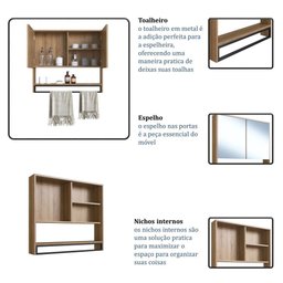 Armário Espelheira para Banheiro 80cm com 2 Portas e Toalheiro Estilo Industrial P1041 Mel - 4