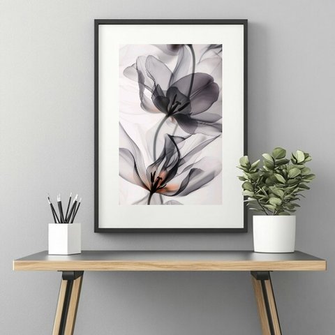 Quadro Decorativo Flores Cinza - 60x48cm:moldura Preta