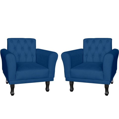 Kit 2 Poltronas Decorativa Classic Suede Azul Marinho Pés Madeira Mz Decor