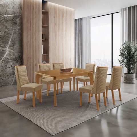 Mesa de Jantar Liz 180cm Tampo MDF Laminado Canto Copo com 6 Cadeiras Carolina