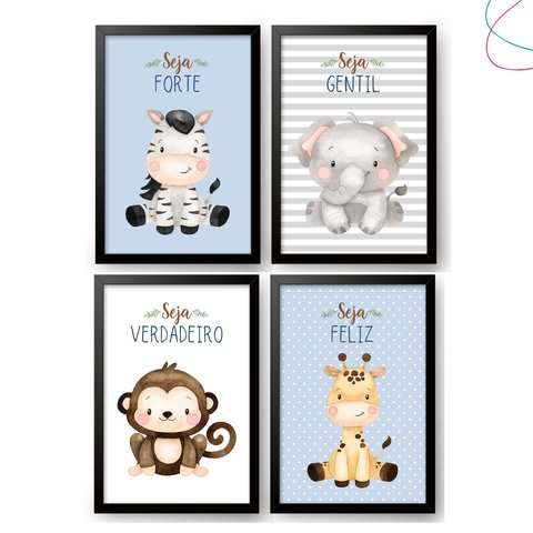Quadro Decorativo Infantil Safari Baby Aquarela Azul 23x33:preta