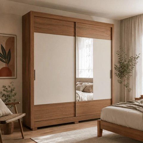 Guarda Roupa Casal 2 Portas de Correr com Espelho 4 Gavetas Soho 238cm - Canella com Off White Fosco