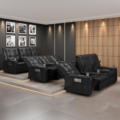 Poltrona do Papai Reclinável Sala de Cinema Movie 3 Lugares Manual Baú USB PU Preto Brilho Gran Belo