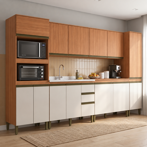 Cozinha Compacta Modulada 6 Peças sem Tampo Marrom Freijó Off White