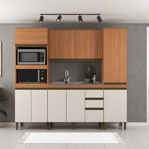 Cozinha Compacta Modulada 4 Peças com Torre Quente e Paneleiro Cecília Marrom/Freijó/Off White