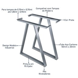 Base Pé de Mesa de Jantar Cozinha Sala Escritório Mirage para Tampos até 180cm x 90cm - Prata - 6