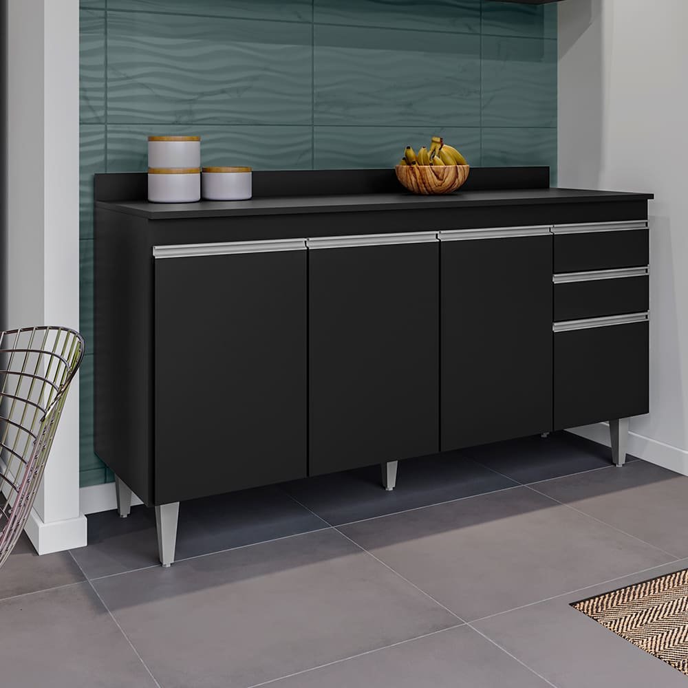 Balcão Cozinha Ayla 150cm Preto C/ Tampo - Vallisa Decor - 3